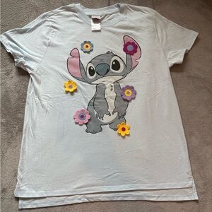 Disney Top Women Large Blue Lili & Stitch Crochet Flowers Hi Low Crewneck Shirt